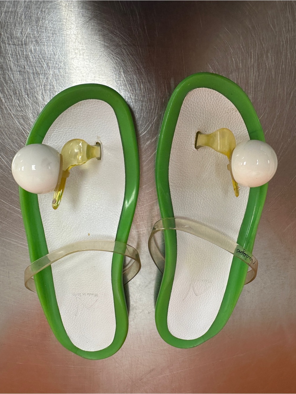 Vtg NUDEGIO Italy Clear Green Jelly Pearl Statement Orb Thong Sandals Flat 37